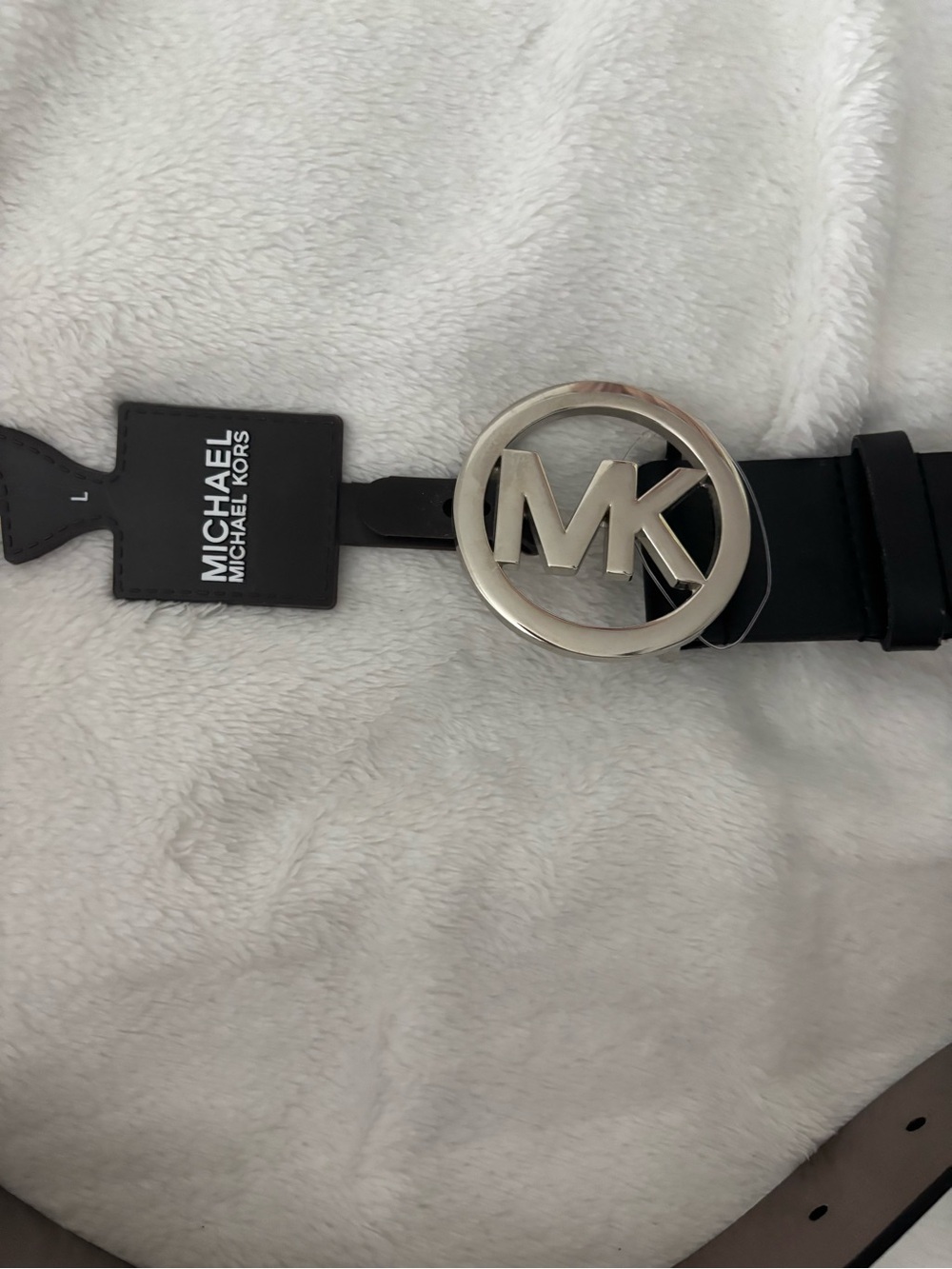 Michael Kors Black Leather Belt with Silver MK Round Buckle